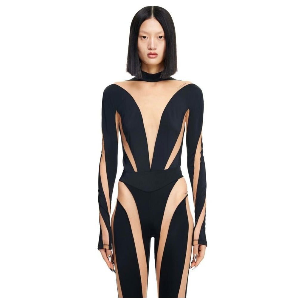 New MUGLER x H&M Mesh Paneled bodysuit Beige Black XL